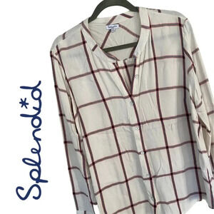 Splendid, Plaid Button-up Long Sleeve‎ Top, White, Blue and Red plaid